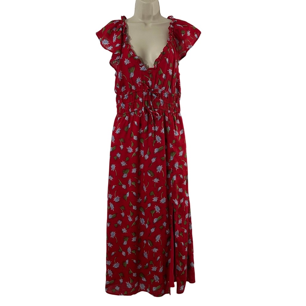 J.Crew Red Floral Ramie‎ Midi Dress Ruffle Cap Sleeve Smocked Waist Pockets S